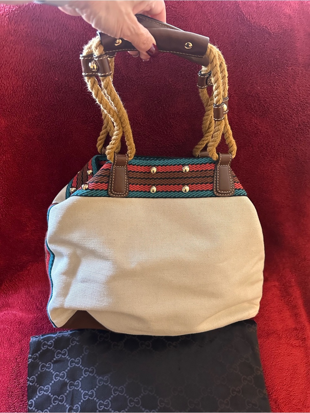 Gucci Cream Canvas Tote with Leather Trim Mulitcolor Stripe Trim & Rope Handles